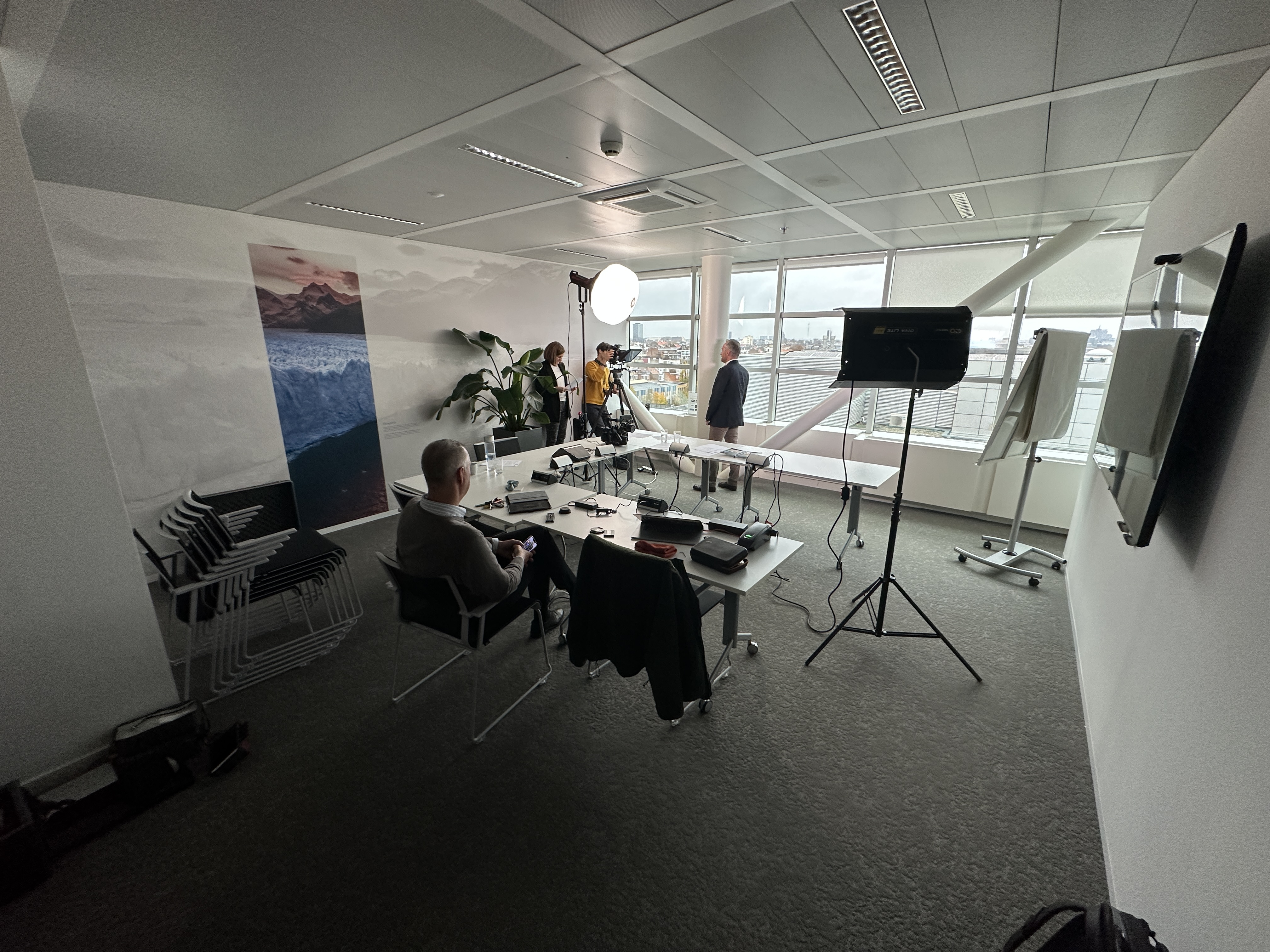 Fullscreen Productions on-location interview with teleprompter and professional lighting setup
